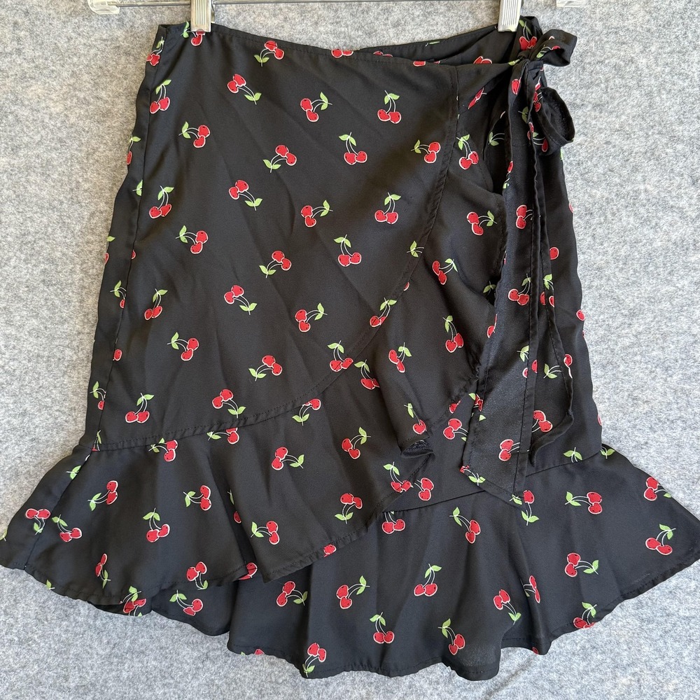 Wrap Skirt Womens Small Cherry Print Ruffle Flounce Tie Waist Black‎ Paris Eight